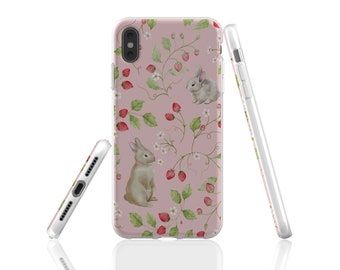 Bunny and strawberries phone case, strawberry garden iphone case, spring phone case, rabbit garden smartphone case, bunny phone case