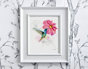 Hummingbird art print, wall art, bird wall art, birds art, flower print, hummingbird gift, home decor, bird lover gift, floral print