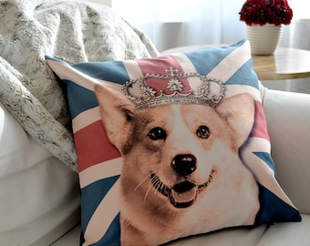 Corgi cushion cover, dog cushion cover, dog lover gift, corgi gift, english flag pillow, corgi decor, dog pillow, corgi with crown