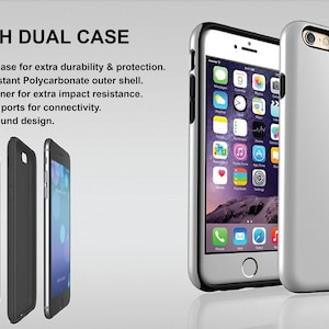 May include: A white and black dual-layer phone case with a silver frame, showcasing a smartphone with an app screen. The text "TOUGH DUAL CASE" is at the top. The case features a polycarbonate outer shell and TPU liner for impact resistance.
