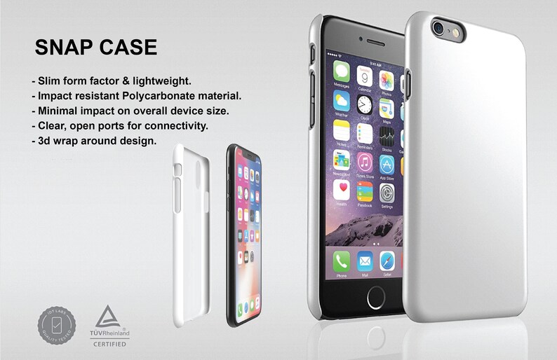 May include: White snap-on phone case with a slim form factor. The image shows the case on a phone, a separate case, and a phone with the screen visible. The text "SNAP CASE" is at the top of the image.