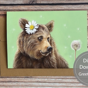 Bear printable greeting card, dandelion printable card, digital download greeting card, bear note card, any occasion card, blank card