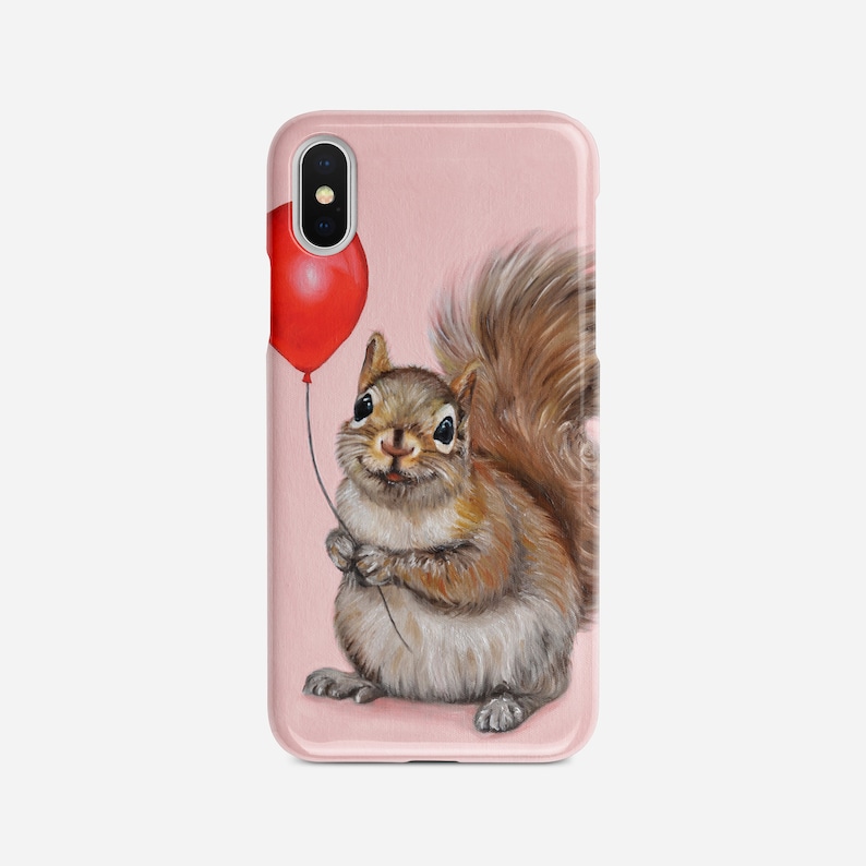 May include: A cute squirrel with a fluffy tail holds a red balloon. The squirrel is painted in a realistic style on a pink background.