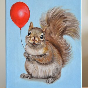 May include: A painting of a squirrel holding a red balloon. The squirrel is brown and gray with a bushy tail. The background is a light blue.