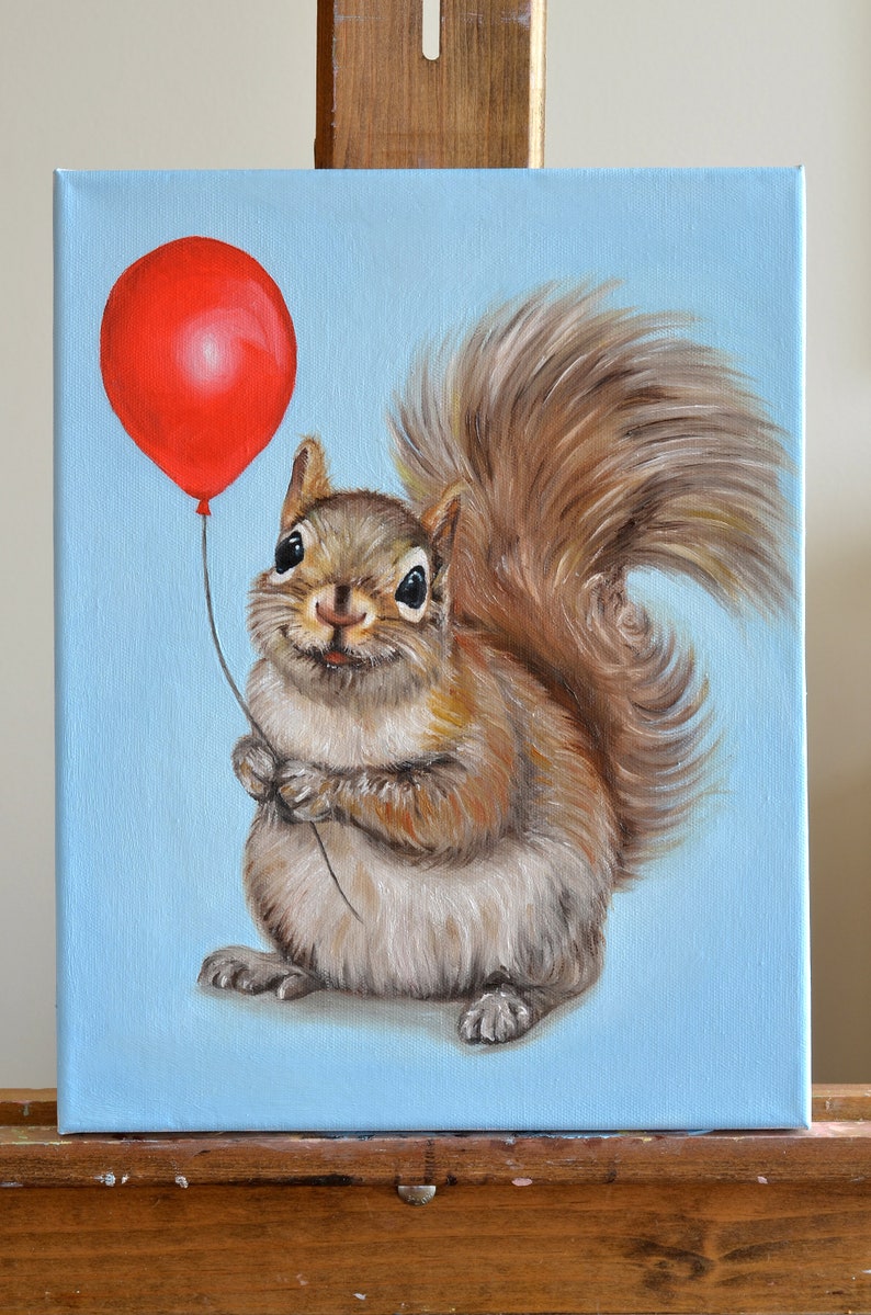 May include: A painting of a squirrel holding a red balloon. The squirrel is brown and gray with a bushy tail. The background is a light blue.