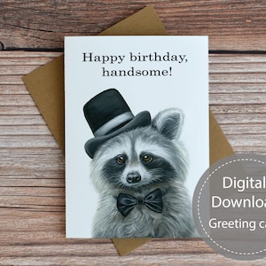 Carte d'anniversaire de raton laveur, carte d'anniversaire pour lui, carte imprimable d'anniversaire d'animal, carte de voeux de téléchargement numérique, carte de note vierge de raton laveur