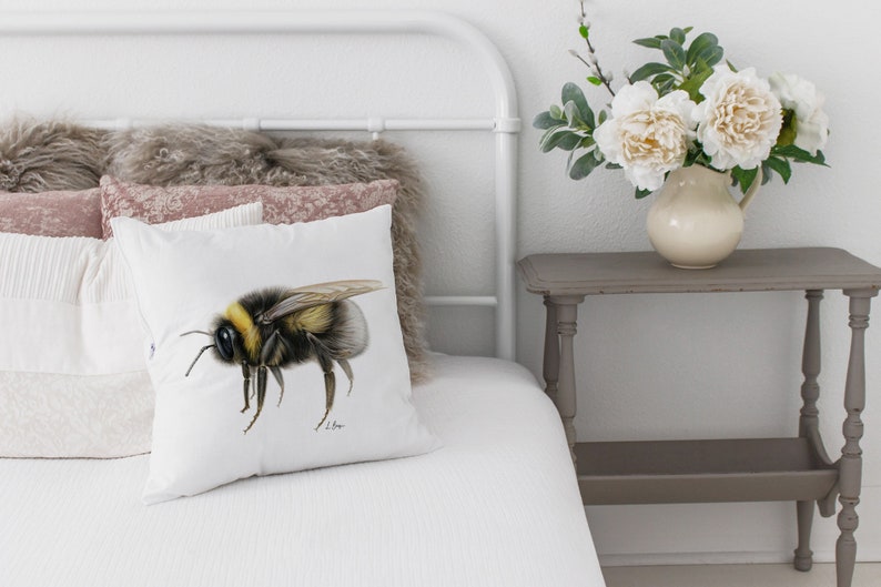 Bumblebee cushion cover, bee pillow, bee themed decor, home decor throw pillow, bumble bee home decor, animal lover gift, bee artwork pillow image 4