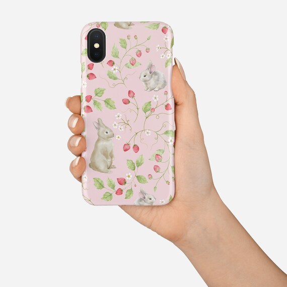 Strawberries and bunnies phone case, strawberry iphone case, easter phone case, spring mobile case, whimsical phone case, bunny art iphone