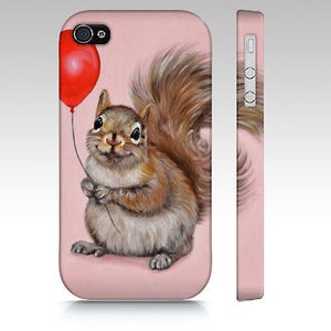 May include: A pink iPhone case with a cute illustration of a squirrel holding a red balloon. The squirrel is brown and has a bushy tail.