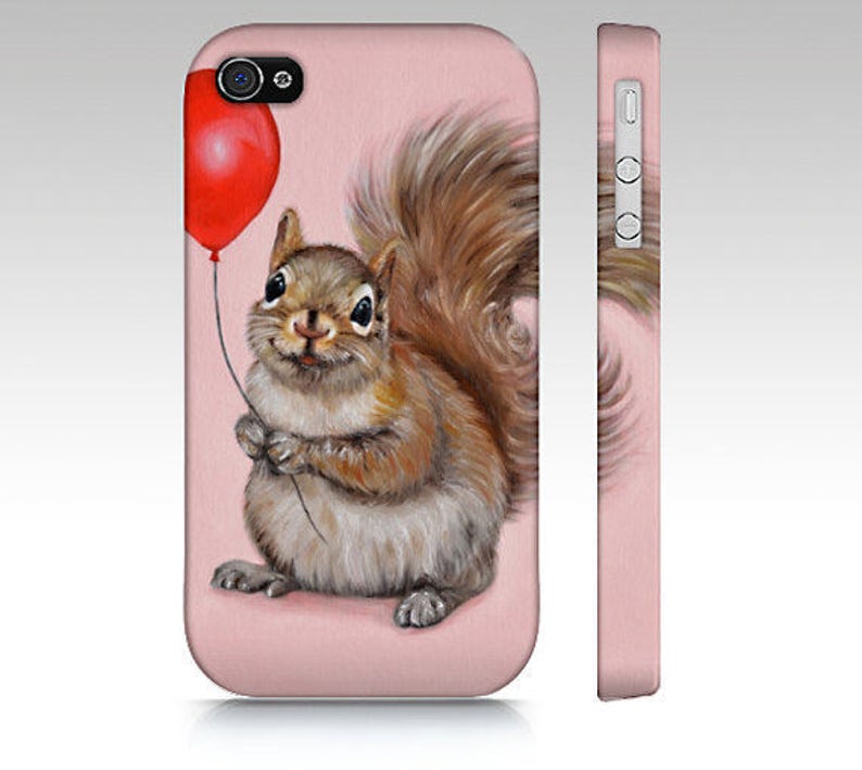 May include: A pink iPhone case with a cute illustration of a squirrel holding a red balloon. The squirrel is brown and has a bushy tail.