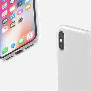 May include: A clear phone case for an iPhone X. The case is shown next to a phone with a white screen and colourful icons.
