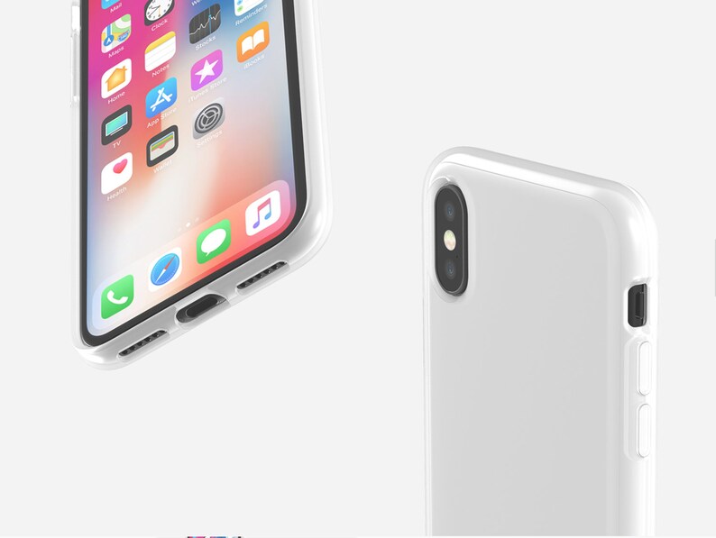 May include: A clear phone case for an iPhone X. The case is shown next to a phone with a white screen and colourful icons.