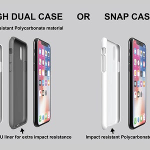 May include: Image showing two phone case options: a tough dual case and a snap case. The tough dual case features an inner TPU liner for extra impact resistance. Both cases are made of impact-resistant polycarbonate material. The text on the image reads "TOUGH DUAL CASE" and "SNAP CASE".