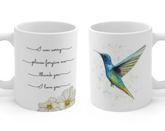 Ho'oponopono mug, hummingbird mug, hot chocolate mug, Hoponopono coffee mug, affirmation mug, Ho'oponopono mantra, positive affirmation mug