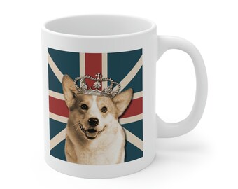 Corgi dog mug, welsh corgi coffee mug, England flag mug, queen dog mug, corgi crown mug, corgi lover gift, english coffee mug