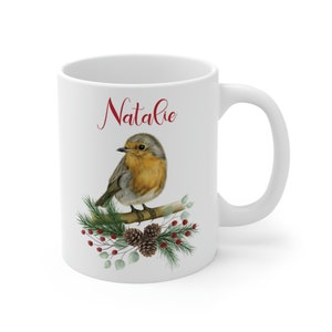 Personalized Christmas Robin bird mug, custom name christmas mug, christmas bird coffee cup, stocking stuffer