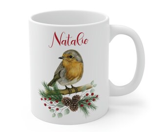 Personalized Christmas Robin bird mug, custom name christmas mug, christmas bird coffee cup, stocking stuffer