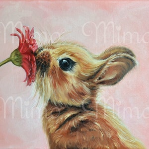 May include: A close-up painting of a brown bunny rabbit sniffing a red flower. The bunny has a fluffy coat and big, dark eyes. The background is a soft pink.