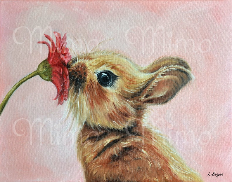 May include: A close-up painting of a brown bunny rabbit sniffing a red flower. The bunny has a fluffy coat and big, dark eyes. The background is a soft pink.
