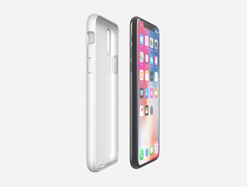 May include: A clear phone case and a black smartphone with a screen displaying various app icons. The phone case is slightly angled to the left, while the phone is angled to the right.
