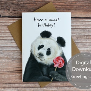 Cartão para impressão de aniversário de panda, cartão para impressão de aniversário de animal, cartão de felicitações para download digital, cartão de nota em branco de panda, cartão de aniversário infantil
