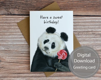 Puede incluir: Una tarjeta de felicitación digital para descargar con un oso panda sosteniendo una piruleta roja y blanca. La tarjeta tiene el texto "Have a sweet birthday!" impreso en ella.