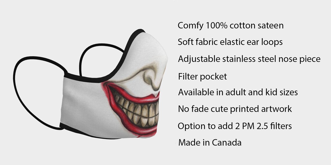 Joker Smile Face Mask With Filter Pocket Joker Face Mask Etsy Canada