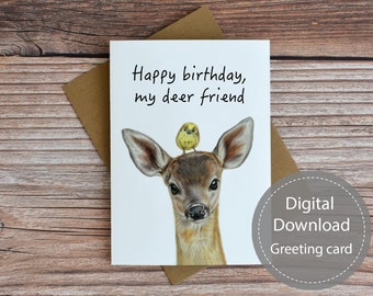 Carte imprimable d'anniversaire de cerf, carte imprimable d'anniversaire d'amis, carte de voeux de téléchargement numérique, carte de note vierge de cerf, carte de voeux d'oiseau
