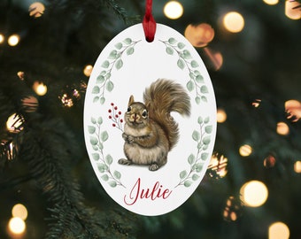 Custom squirrel Christmas ornament, personalized squirrel ornament, name wooden Christmas ornament, cute squirrel christmas ornament