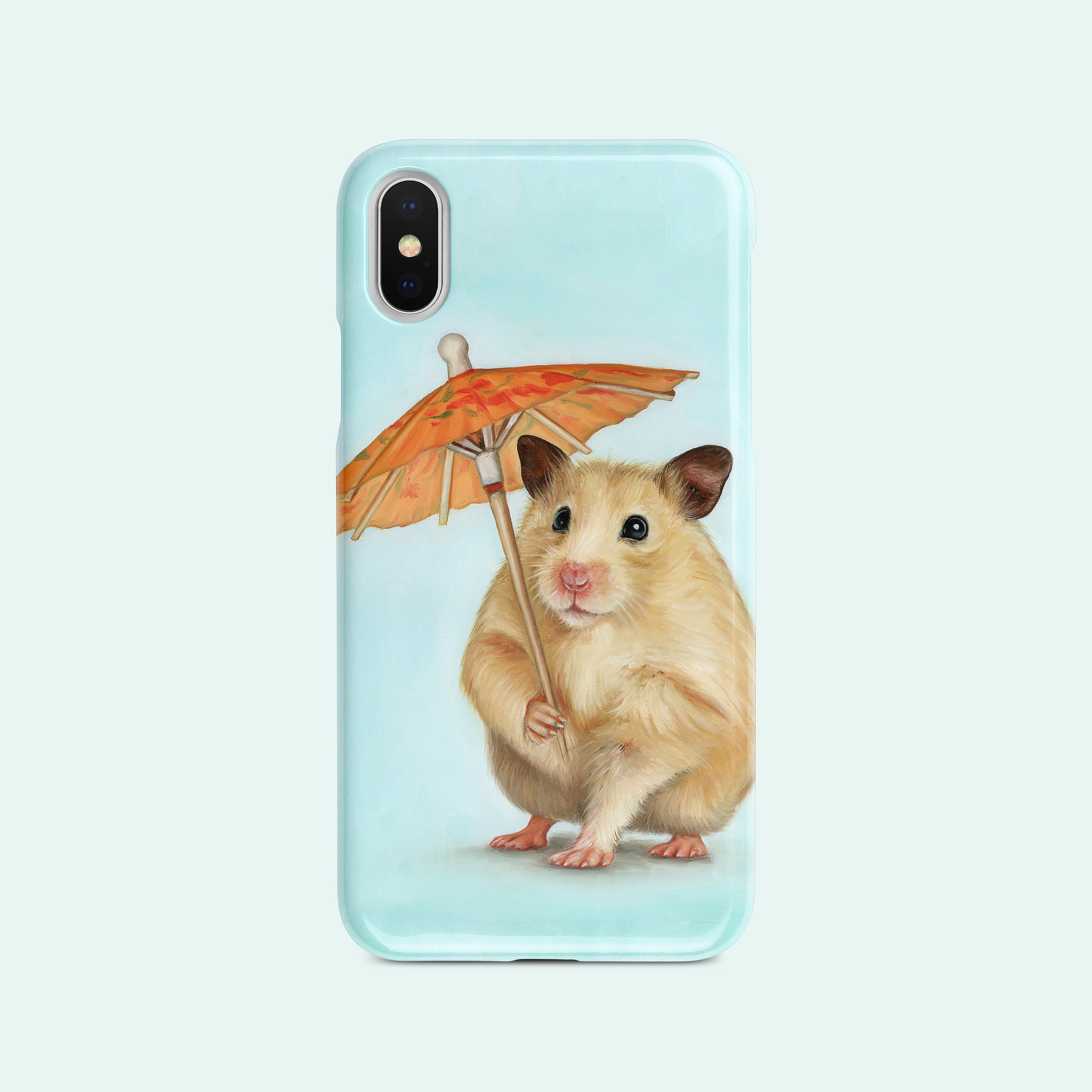 Digital Pet Portraits of Hamster painting with an umbrella on a light blue phone case 