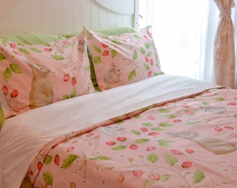 Strawberries and bunnies kids duvet cover, cotton duvet cover set, bunny full/double duvet cover, girl single duvet, 100% cotton queen duvet