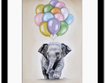 Elephant art print, nursery wall art, animal nursery decor, safari animal nursery decor, elephant print, balloons nursery, elephant decor