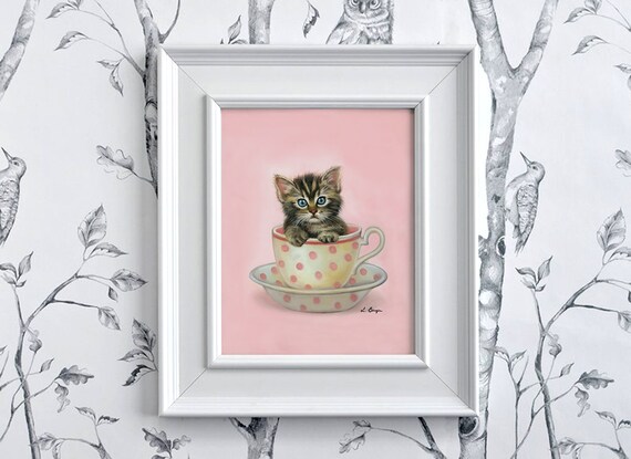 Cat giclee print. Cat art print. Kitten nursery art. Cat in teacup print. Cat lover gift. Cat artwork to frame. Kitten nursery art. Cat art.