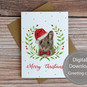 Printable christmas card, mouse christmas printable card, mouse note card, digital download greeting card, christmas blank note card, mouse