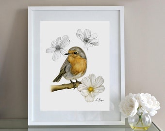 Robin bird art print, wall art, bird wall art, flower print, bird decor, bird lover gift, bird artwork giclee print, spring floral print