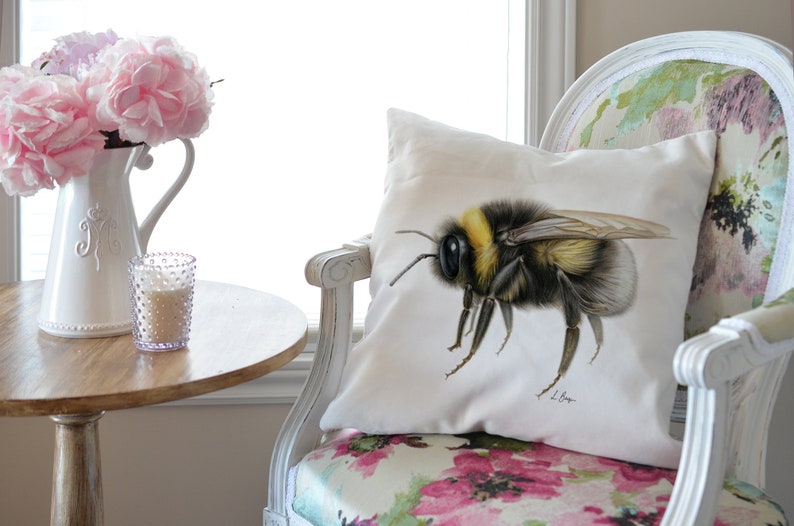 Bumblebee cushion cover, bee pillow, bee themed decor, home decor throw pillow, bumble bee home decor, animal lover gift, bee artwork pillow image 2