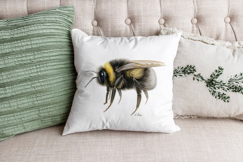 Bumblebee cushion cover, bee pillow, bee themed decor, home decor throw pillow, bumble bee home decor, animal lover gift, bee artwork pillow image 3