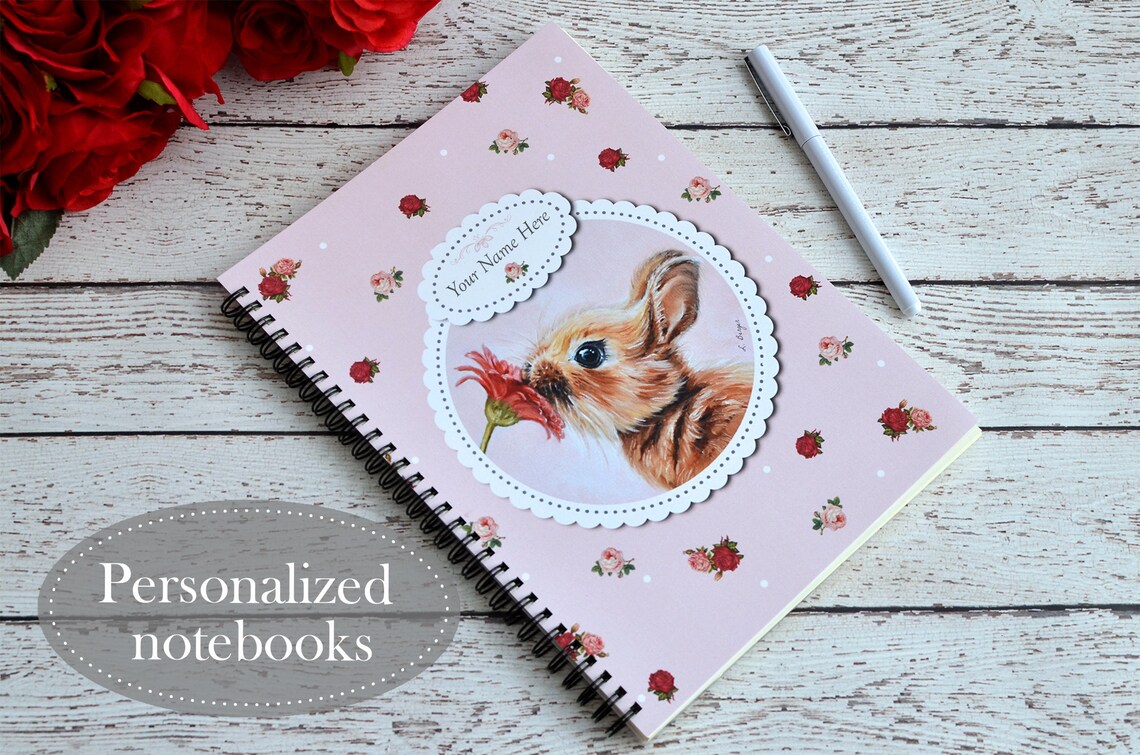 Personalized bunny notebook. Custom rabbit spiral notebook. | Etsy