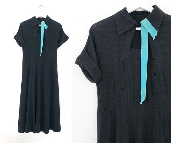 vintage 40s 50s black dress w/ turquoise ribbon de