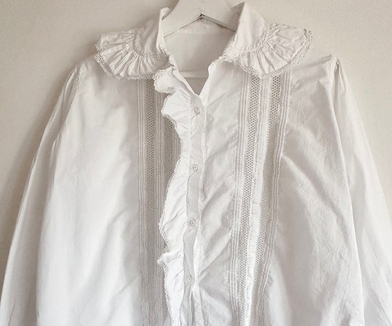 antique french lace ruffled collar cotton blouse … - image 3