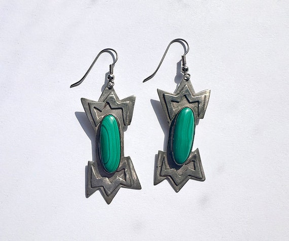 vintage Malachite cabachon sterling silver earrin… - image 2