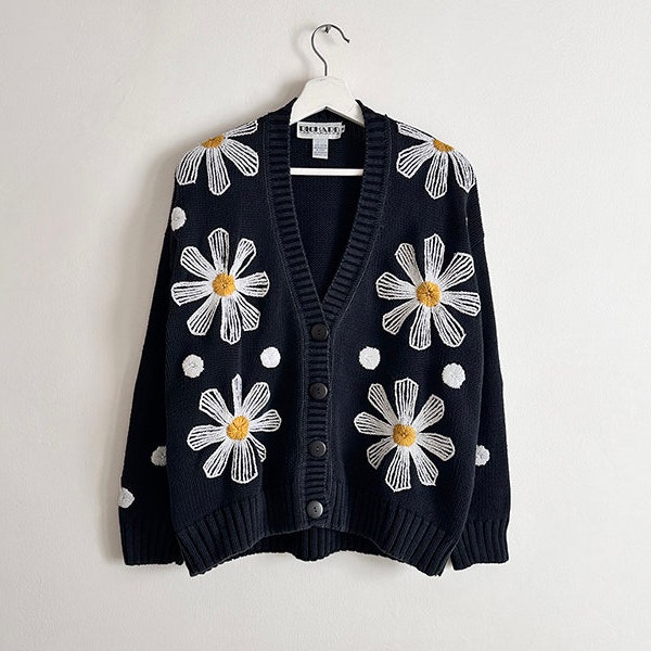 vintage daisy cotton cardigan 80s 90s O/S S M