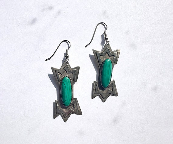 vintage Malachite cabachon sterling silver earrin… - image 1