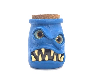 Monster Stash Jar #20, Sky Blue Monster Jar with Tan Interior