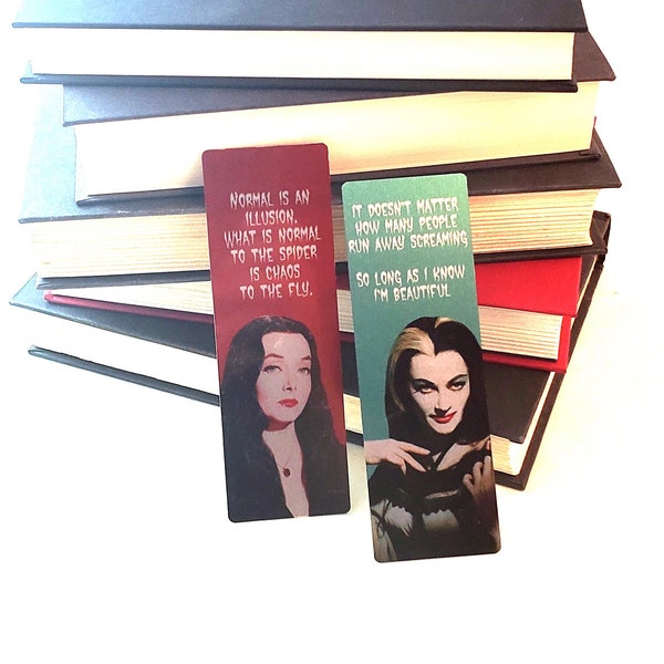 Morticia Addams and Lily Munster metal bookmarks, horror ladies bookmark