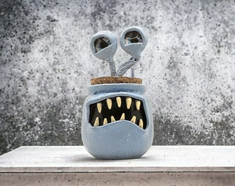 Monster Stash Jar #80, Baby Blue Monster Jar with Gunmetal Interior