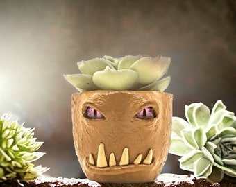 Mini Monster Pot - Yellow Ochre with Succulent