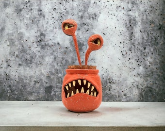 Monster Stash Jar #73, Red Monster Jar with Yellow Ochre Interior