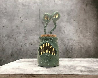 Monster Stash Jar #69, Green Monster Jar with Pink Interior