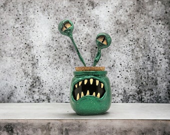 Monster Stash Jar #72, Metallic Green Monster Jar with Burgundy Interior